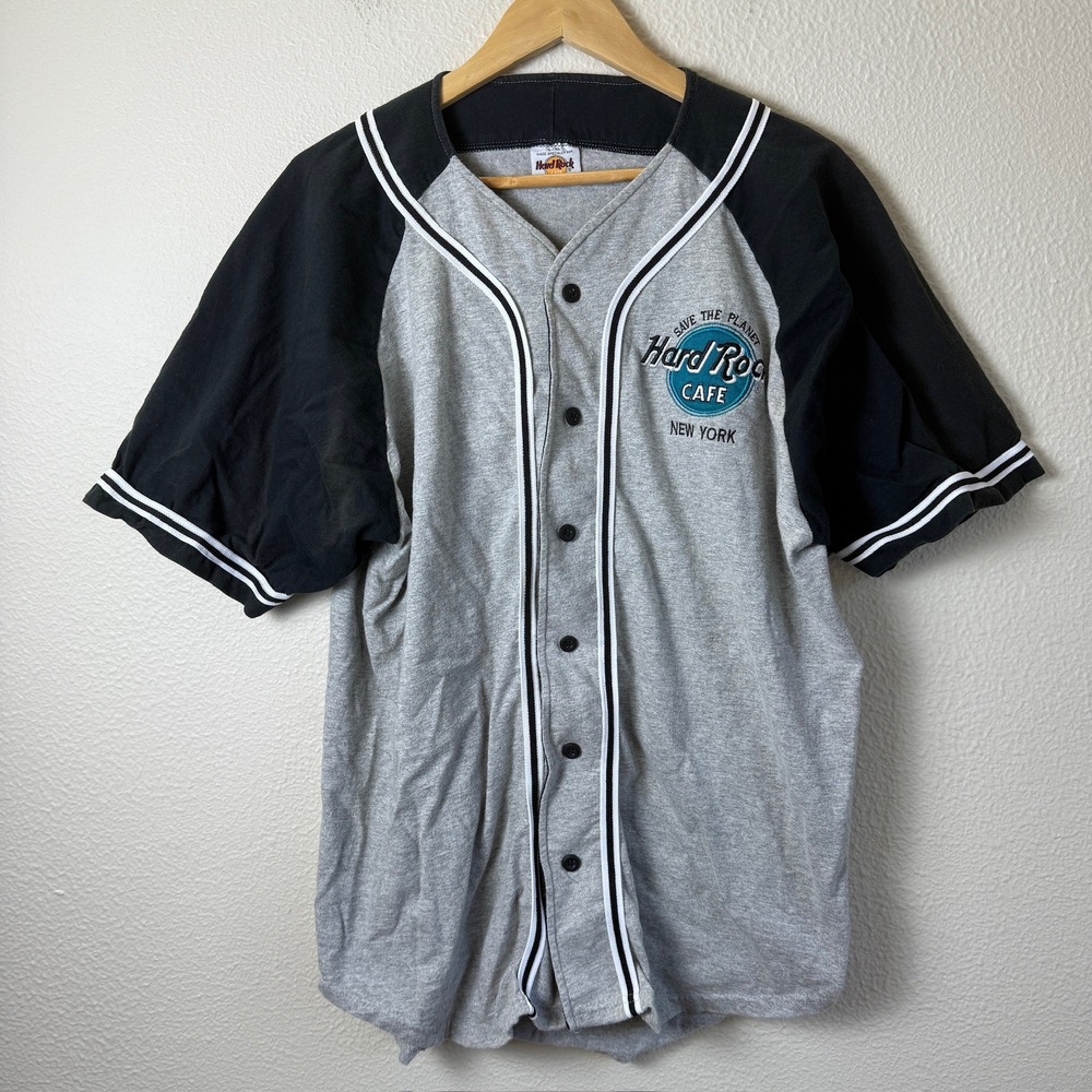 Vintage 90s Hard Rock Cafe Baseball Jersey Mens L/XL Grey Embroidered New York